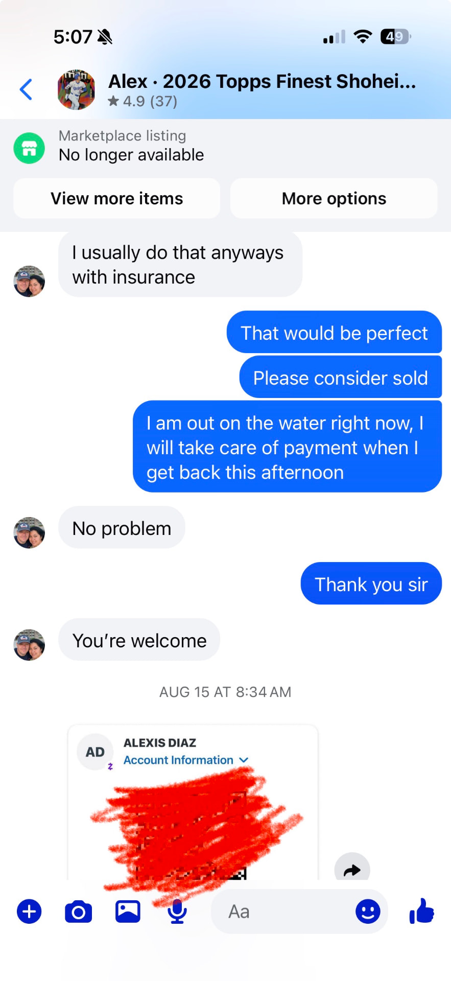 Facebook Marketplace message 4 — message between the buyer and Alex Diaz (Ballpark Alex) about the 2026 Topps Finest Shohei Ohtani card