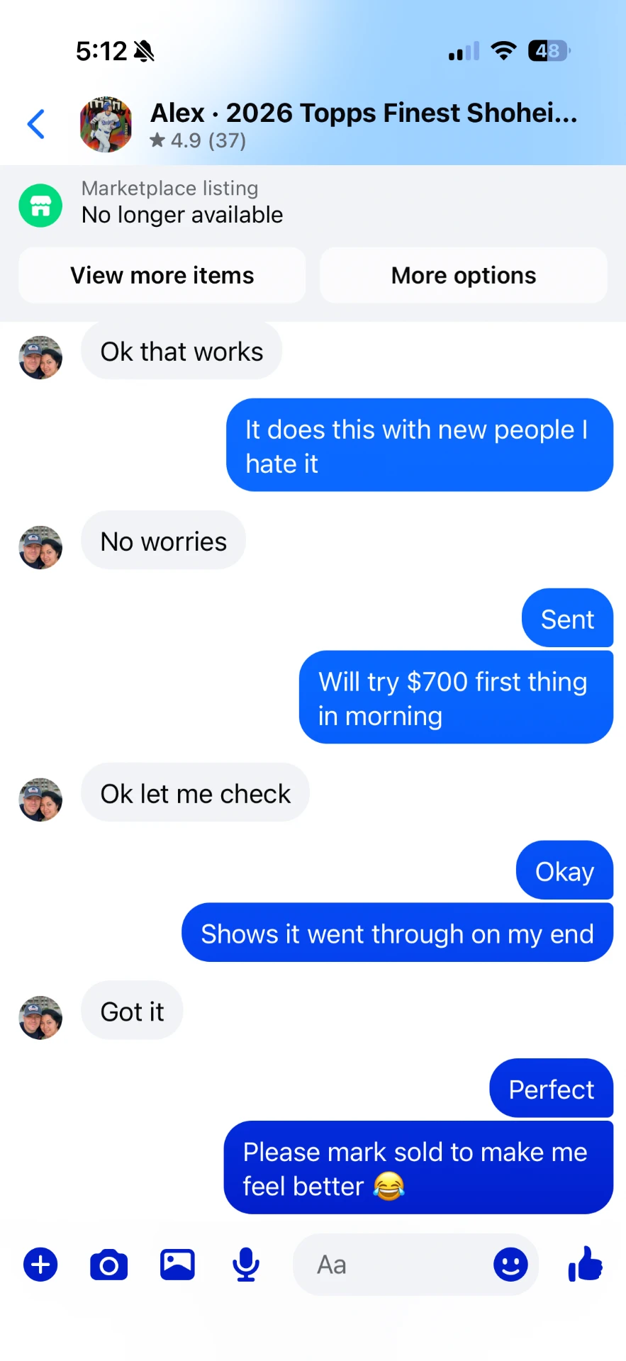Facebook Marketplace message 10 — message between the buyer and Alex Diaz (Ballpark Alex) about the 2026 Topps Finest Shohei Ohtani card