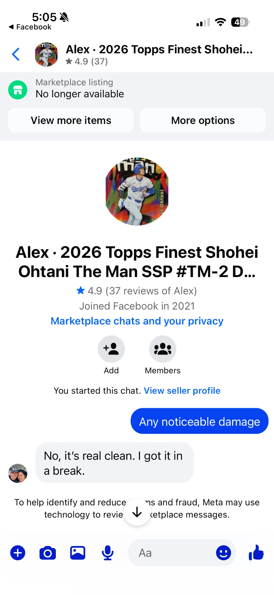 Facebook Marketplace message 1 — message between the buyer and Alex Diaz (Ballpark Alex) about the 2026 Topps Finest Shohei Ohtani card