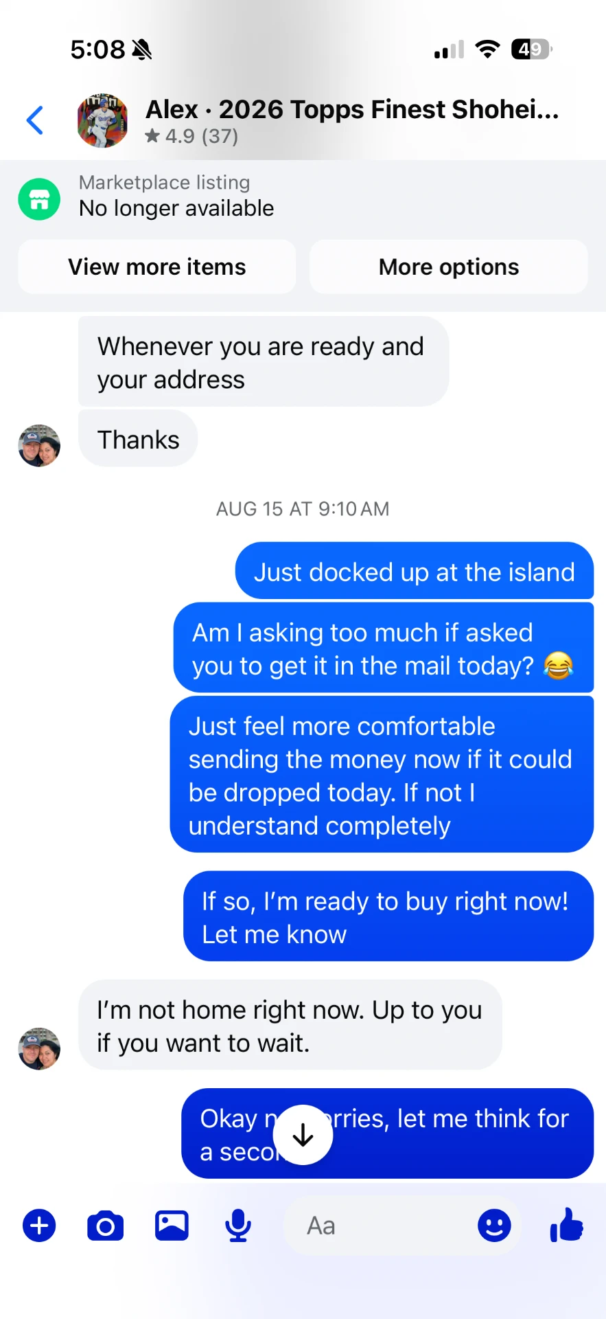 Facebook Marketplace message 5 — message between the buyer and Alex Diaz (Ballpark Alex) about the 2026 Topps Finest Shohei Ohtani card