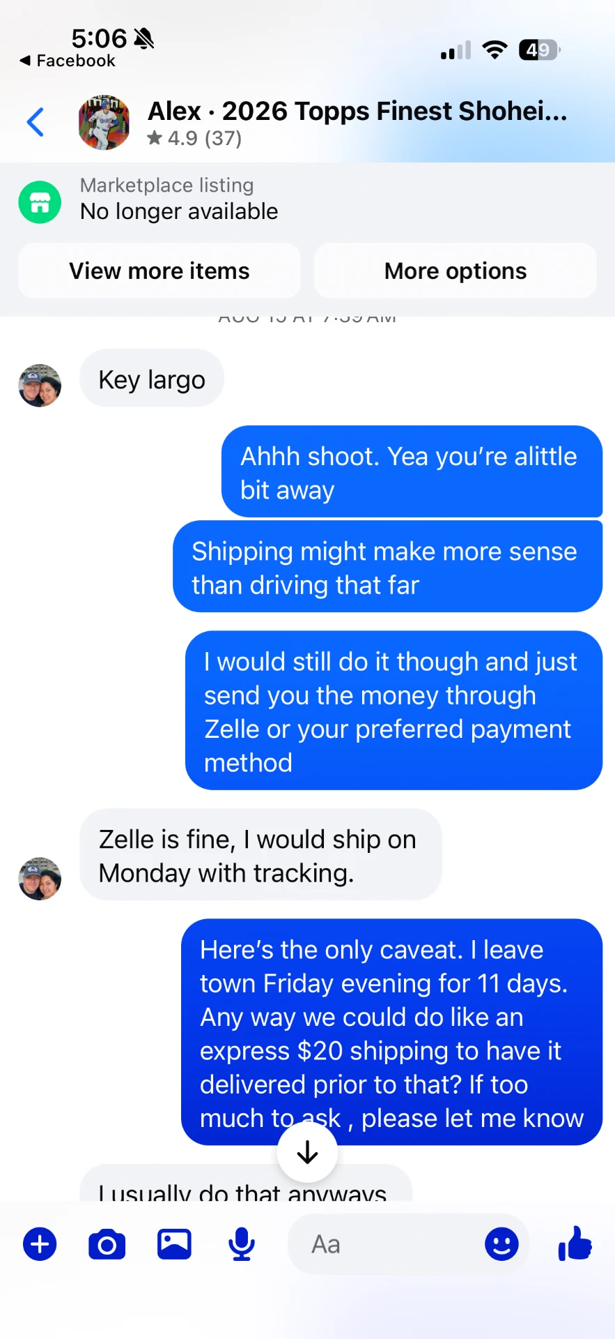 Facebook Marketplace message 3 — message between the buyer and Alex Diaz (Ballpark Alex) about the 2026 Topps Finest Shohei Ohtani card