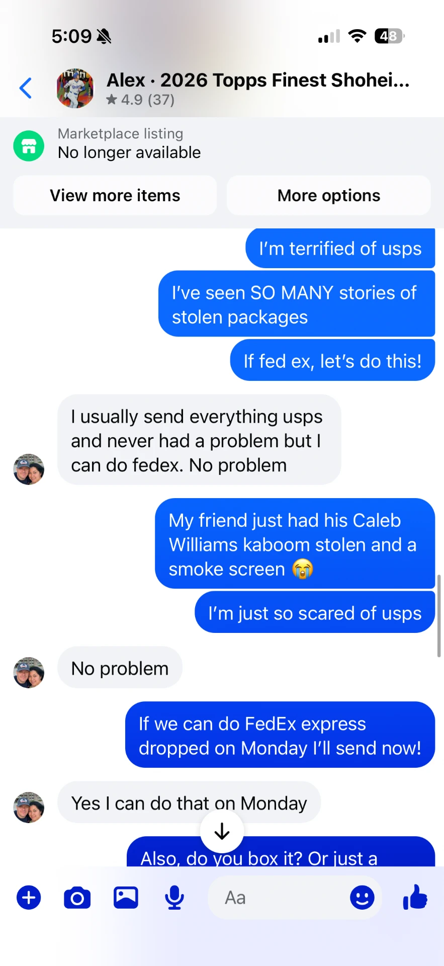Facebook Marketplace message 7 — message between the buyer and Alex Diaz (Ballpark Alex) about the 2026 Topps Finest Shohei Ohtani card