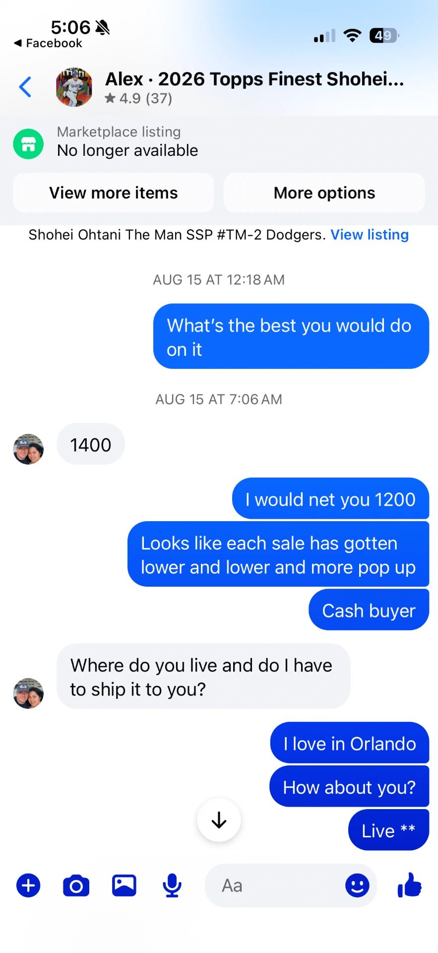 Facebook Marketplace message 2 — message between the buyer and Alex Diaz (Ballpark Alex) about the 2026 Topps Finest Shohei Ohtani card