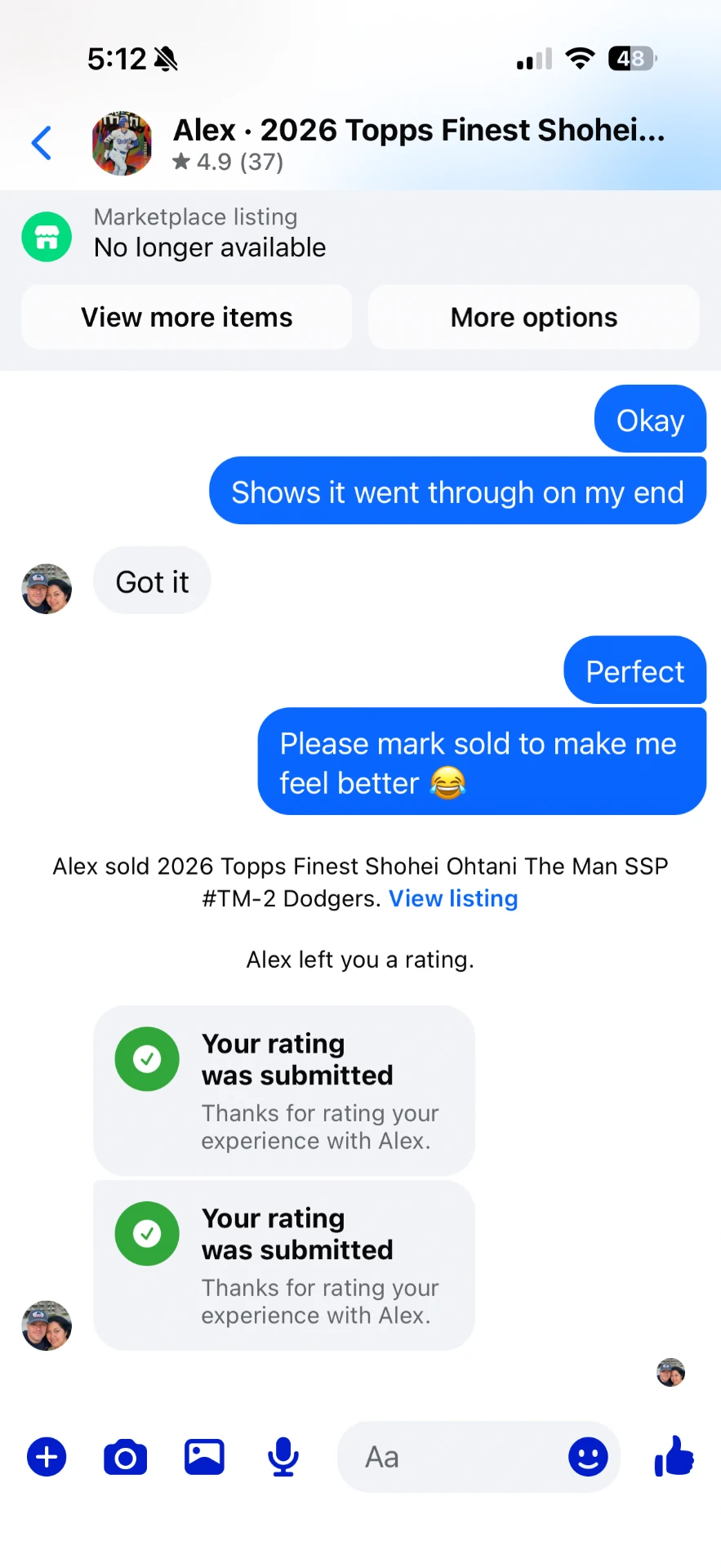 Facebook Marketplace message 11 — message between the buyer and Alex Diaz (Ballpark Alex) about the 2026 Topps Finest Shohei Ohtani card