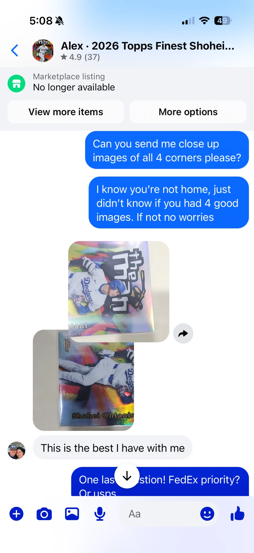 Facebook Marketplace message 6 — message between the buyer and Alex Diaz (Ballpark Alex) about the 2026 Topps Finest Shohei Ohtani card