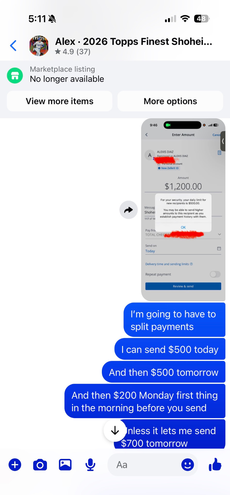 Facebook Marketplace message 9 — message between the buyer and Alex Diaz (Ballpark Alex) about the 2026 Topps Finest Shohei Ohtani card