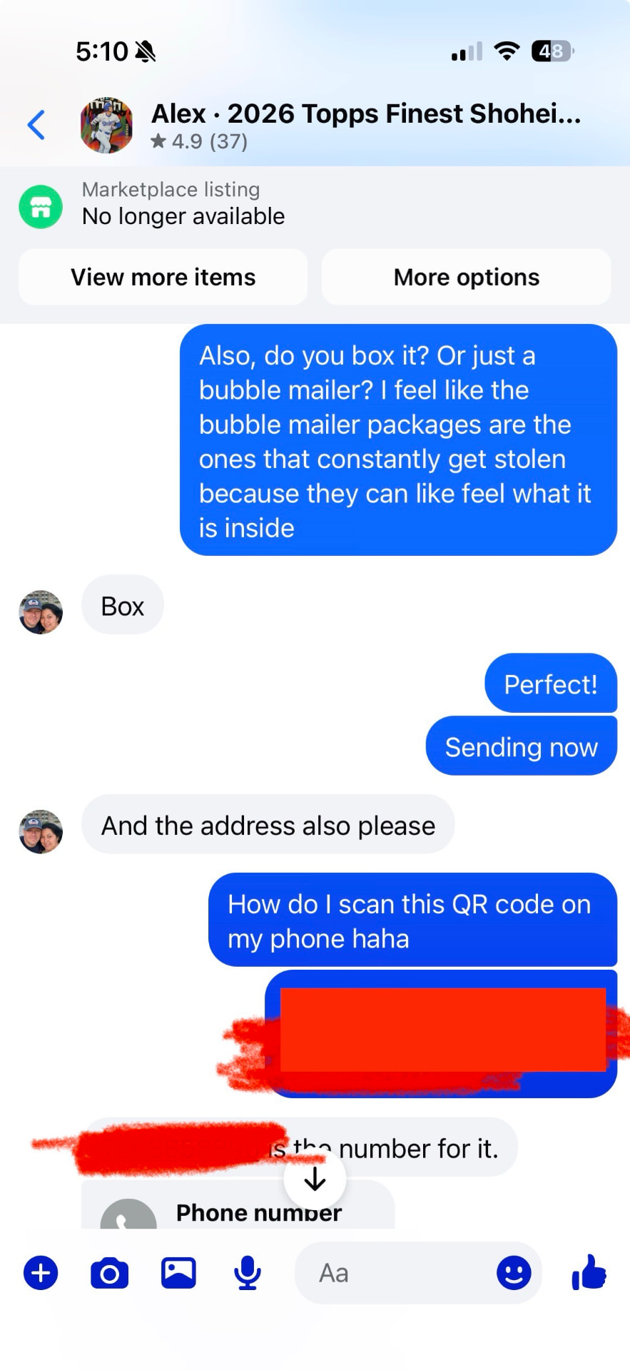 Facebook Marketplace message 8 — message between the buyer and Alex Diaz (Ballpark Alex) about the 2026 Topps Finest Shohei Ohtani card