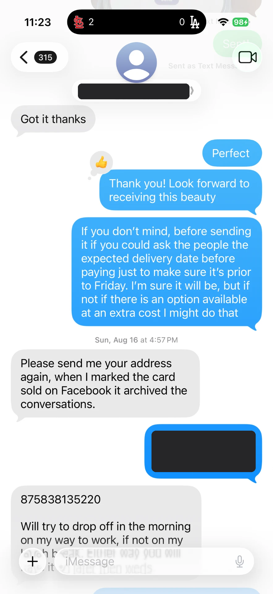Text message 1 — message between the buyer and Alex Diaz (Ballpark Alex) about the 2026 Topps Finest Shohei Ohtani card