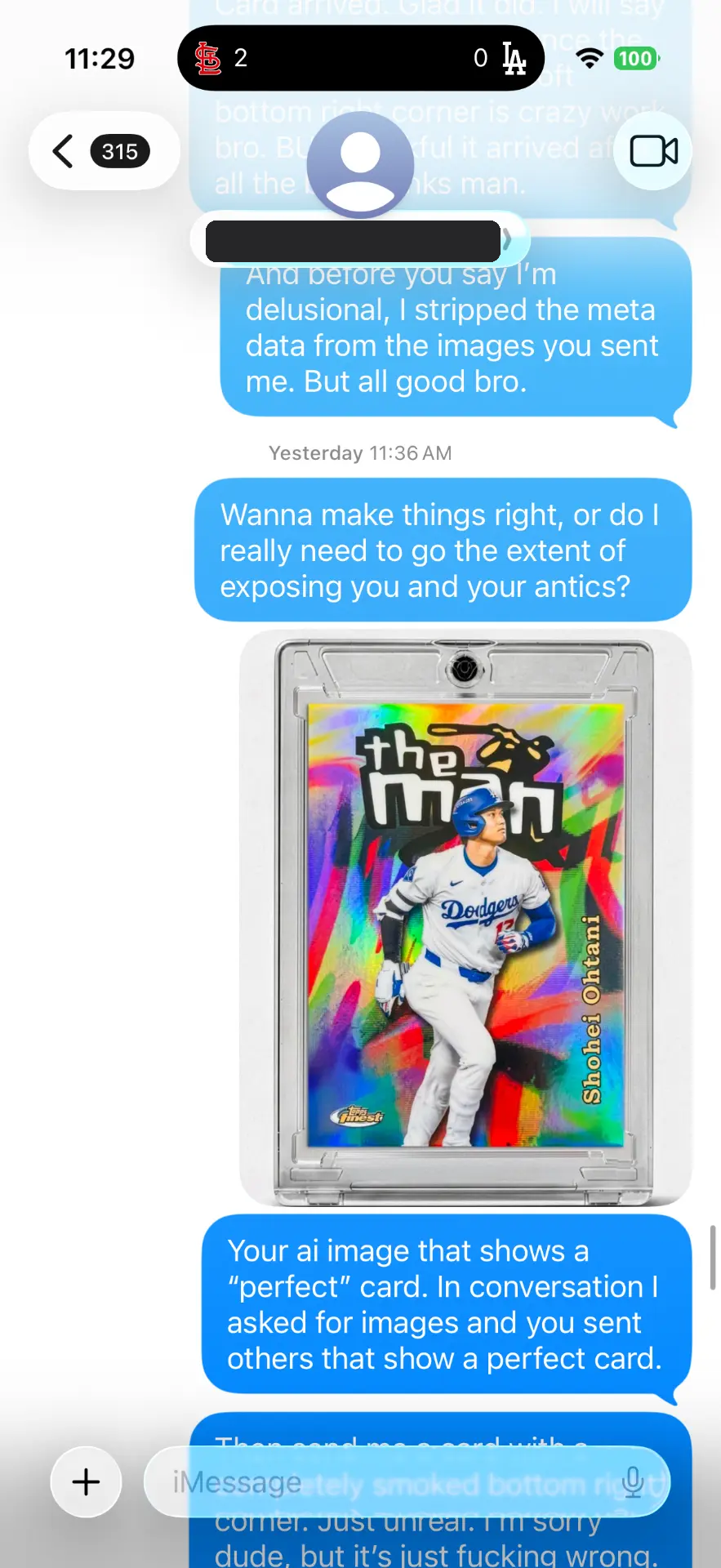 Text message 24 — message between the buyer and Alex Diaz (Ballpark Alex) about the 2026 Topps Finest Shohei Ohtani card