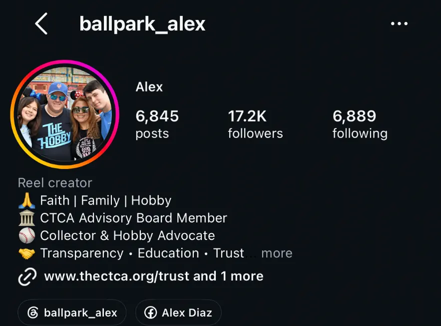 Ballpark_alex Instagram profile — Ballpark Alex, CTCA Advisory Board member